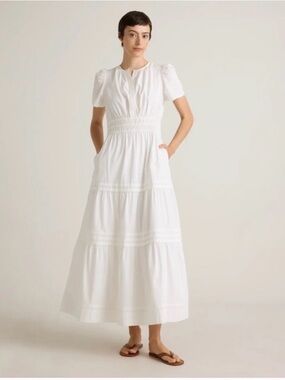 Quince Organic Cotton Poplin White Tiered Maxi Dress Smocked Waist M